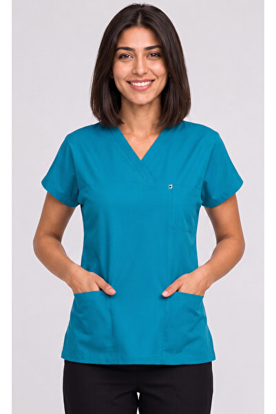 DENİZ İŞ Women's V-Neck Bat Sleeve Beige, Stone, Turquoise, Saks Blue, Lycra ...