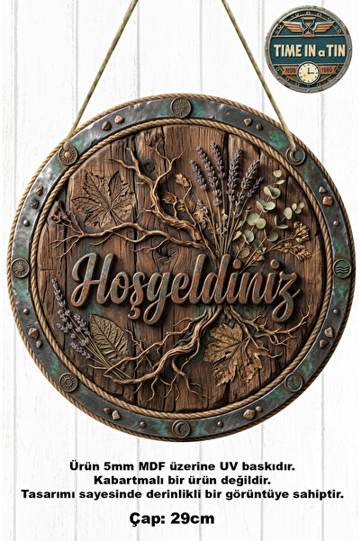 time in a tin retro 1960 Dış Kapı Süsü Ahşap Görünümlü Retro "Hoşgeldiniz" Ka...