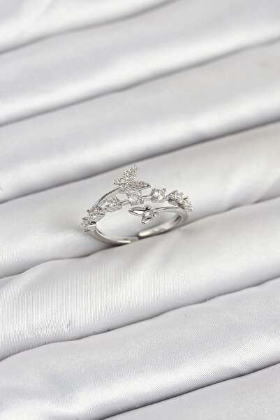 SORA GROUP Brass Silver Color Zircon Stone Butterfly Model Women's Ring