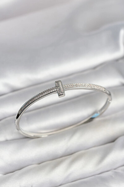 SORA GROUP Silver Color t Model Zircon Stone Women's Cuff Bracelet
