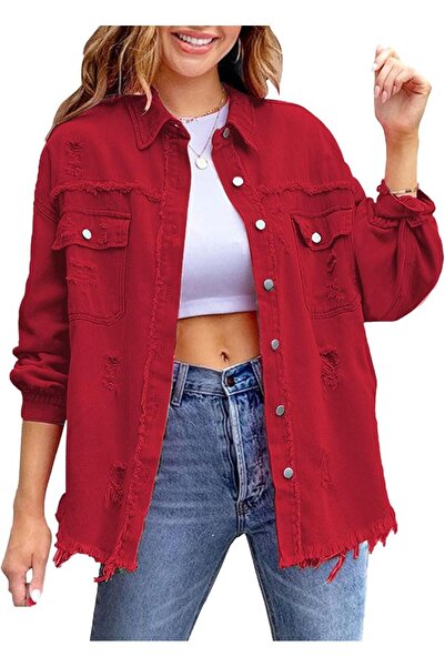 Generic Womens Ripped Distressed Denim Jacket Distressed Hem Button Front Boy...