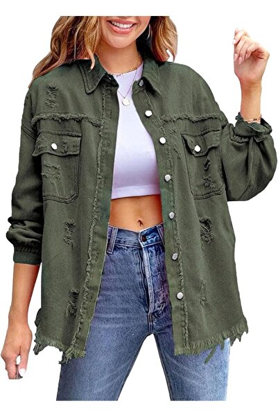 Generic Women's Casual Denim Jackets Frayed Hem Washed Button Jean Jacket Dis...