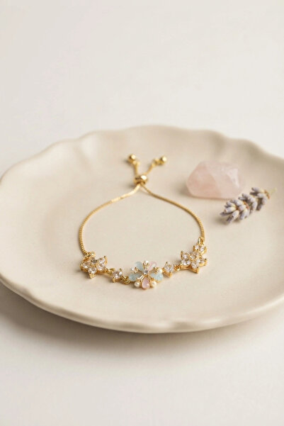 SORA GROUP Gold Color Zircon Stone Brass Colored Daisy Model Elevator Bracelet