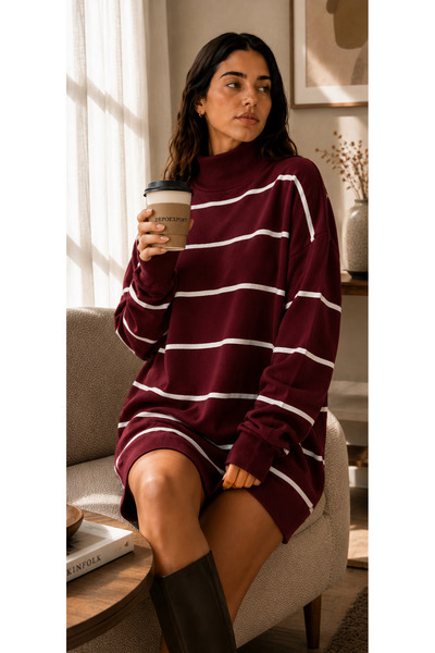 DepoExport Women's Half-Throat Striped Knitwear Sweater Oversize Loose Design