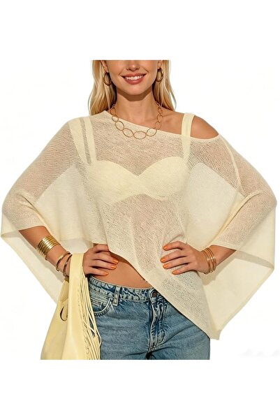 GENERAL Women Sheer Poncho Top Lightweight Knit Crochet Shrug Bolero Mesh Bat...