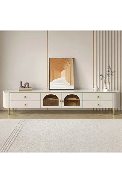 Baytonia Maestro Wooden Tv Cabinet and Steel Legs White and Gold Finish-200X4...