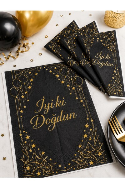 BKMC PARTY Happy Birthday Napkin |   Black Gold Birthday Napkin |   Star and ...