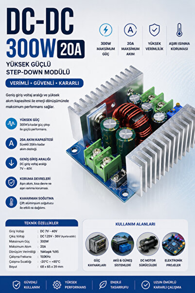 RoboPazar 300W 20A DC-DC Step Down Voltaj Düşürücü Modül – Ayarlanabilir Buck...