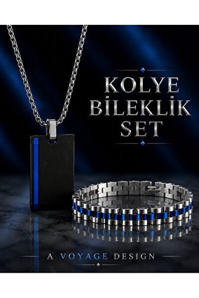 voyageaccessory طقم سوار وقلادة للرجال من الفولاذ المقاوم للصدأ باللون الأزرق...