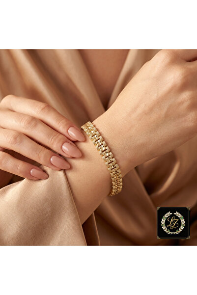 CM Jewelry Vıp Seri 316L Çelik 14K Gold Renk Geçmeli Kilitli Kare Bakla Göste...