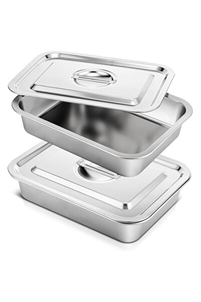 Generic Tazweeq 2 Sets Stainless Steel Cake Pan with Lid, 9 x 13 Inch Rectang...