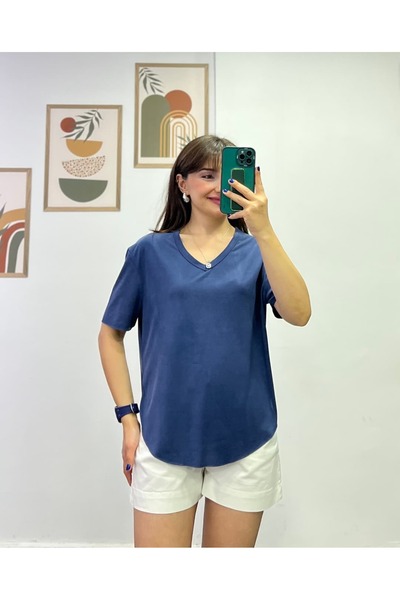 bydenizcollection Waist Cut-Out Model V-Neck Modal Fabric T-Shirt