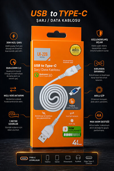 Genel Markalar USB to Type-C 30W Hızlı Şarj ve Data Kablosu 1 m Beyaz