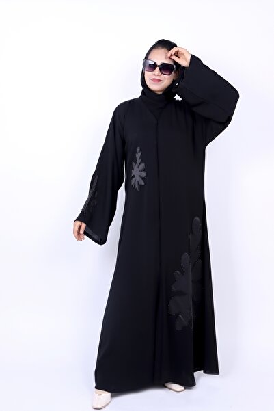 Izzah Bella Premium Nida Abaya with Leather Cut Floral Appliqué and Beaded Ha...