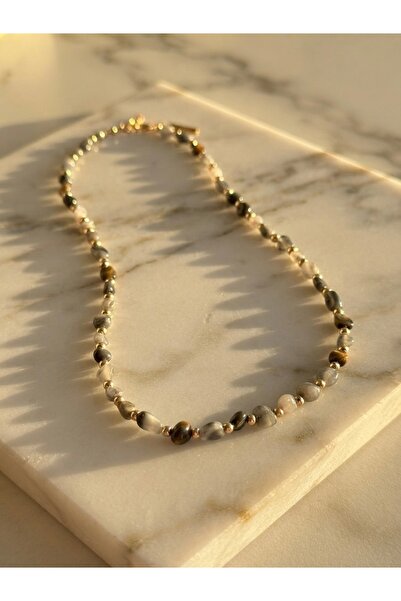 Meneva Aksesuar Natural Stone and Stainless Steel Combination Necklace with H...