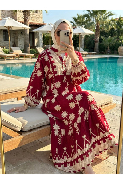 Kirazca Butik Women's Viscose Patterned Long Dress – Buttoned Comfortable Cut...
