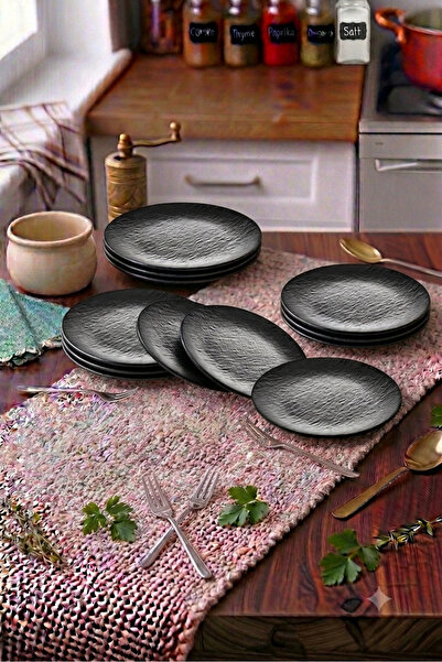 BİODATA 6 Pieces Unbreakable Melamine Dessert Plate Serving Plate 17 cm - Black