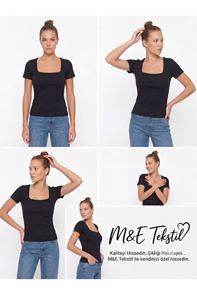 Kadın Kare Yaka Slim Fit Pamuklu Ultra Soft Likralı Kumaş Basic Bluz