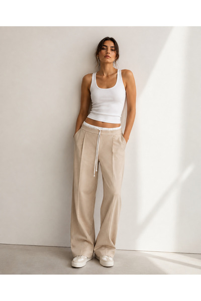 PARTEA ÇİFT BEL BAĞCIKLI WIDE LEG KREM PANTOLON