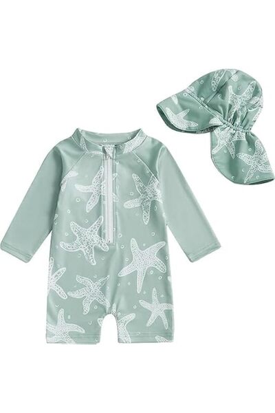 GENERAL Toddler One Piece Swimsuit, Long Sleeve with Zipper & Sun Hat, Soft S...