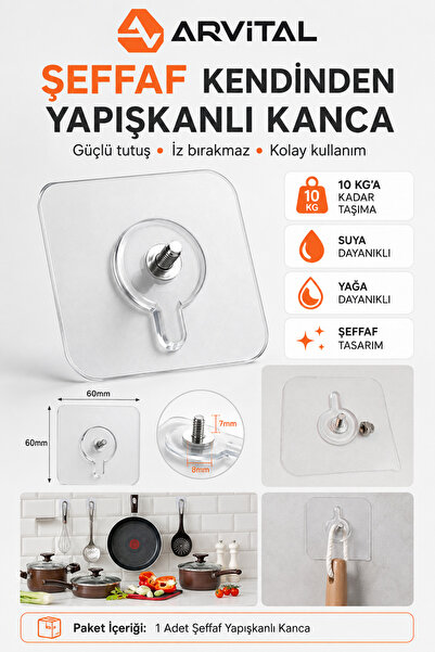 Arvital Şeffaf Kendinden Yapışkanlı Vidalı Kanca Askı Aparatı 10 Kg Taşıma Ka...