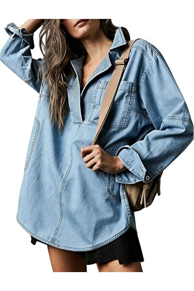 Generic Denim Tops for Women Loose Fit Denim Pullover Casual Button V Neck Bl...