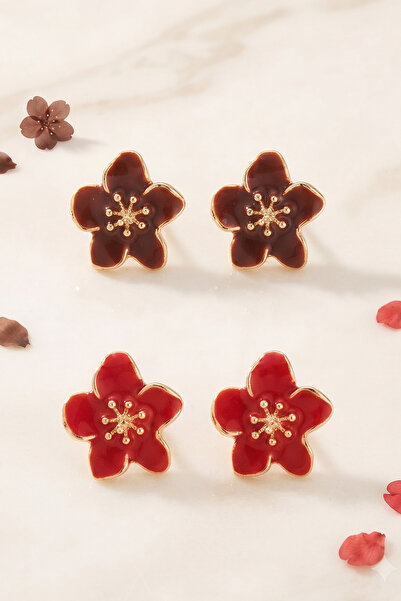 AURRARİ Burgundy and Brown Sakura Flower Set of 2 Earrings