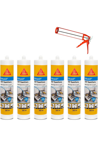 Sika 6Pcs 117 Sanitary Anti-fungal Silicone Sealant with 1 Pc Caulking Gun (T...