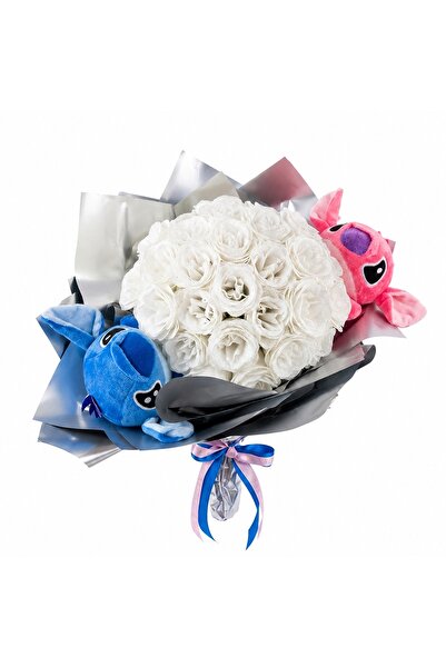 velve Buchet floral premium Stitch si Angel cu 35 trandafiri decorativi efect...