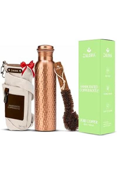 ZALISHA 100% Handcrafted Hammered Pure Copper Bottle 950ml with FREE Cleaning...