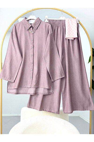 modasindoma Women's Trendy Shirt and Trousers Set with Side Slits, Mink