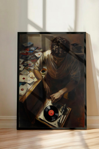 Plak Çalar ve Müzik Temalı Dekoratif Duvar Tablosu Siyah Çerçeveli Poster Tablo Ev Ofis Duvar Dekoru