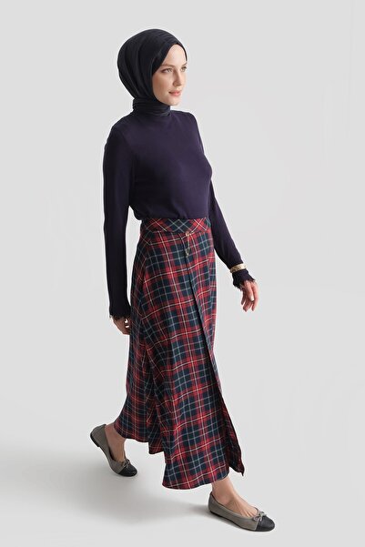 Armine Plaid Patterned Flared Skirt Navy Blue