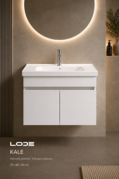 LODE Bath KALE 80Cm Beyaz Demonte Lavabolu Alt Banyo Dolabı, Seramik Lavabo D...