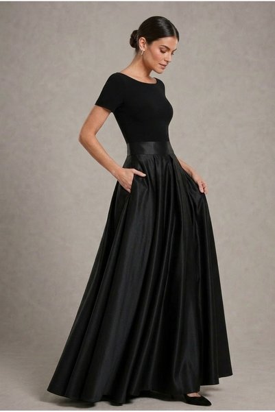 2021 NSM LİFE quality of life Wide Belted Noble Posture Black Satin Long Flared Skirt