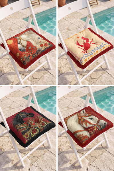 Realhomes Red-Toned 4-Piece Fringed Puffy Chair Cushion Set with Horse Figure...