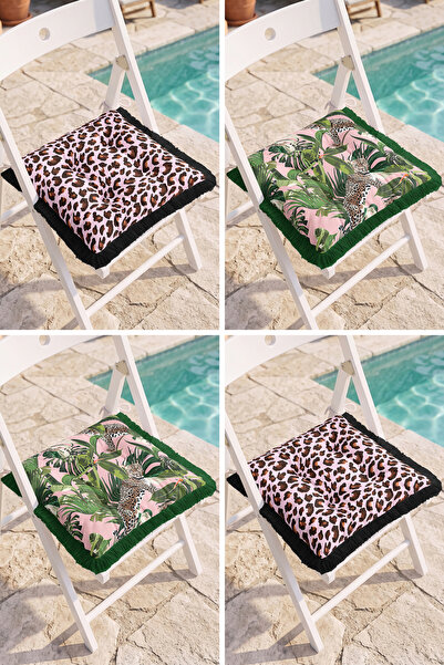 Realhomes Leopard Patterned and Tropical Leaf 4-Piece Fringed Puffy Chair Cus...