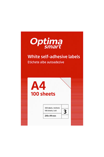 Optima Self-adhesive White Labels 3/A4, 210 X 99 Mm, 100 Sheets/Pack, Smart S...