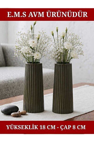 E.M.S AVM 2 Pieces of Henna Green Color Long Large Size Striped Vase Bohem Lo...