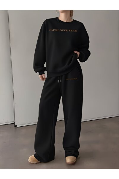 macklin Unisex Women's and Men's Faith over Printed Oversize 3 Thread Crew Ne...