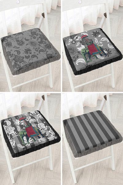 Realhomes Gray 4-Piece Fringed Zippered Chair Cushion Set with Elephant Figur...