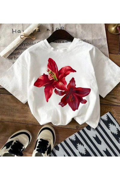 MODARİCH Kadın Lilyum Çiçek Özel Baskılı Oversize Pamuklu Bisiklet Yaka T-Shirt