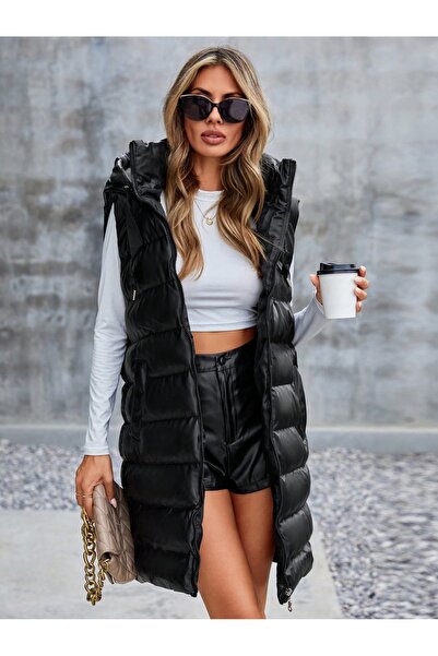 ladyzey Women's Black Hooded Faux Leather Long Vest
