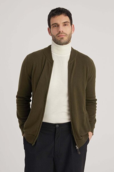 Silk and Cashmere Koyu Haki Saf Kaşmir Erkek Bomber Hırka