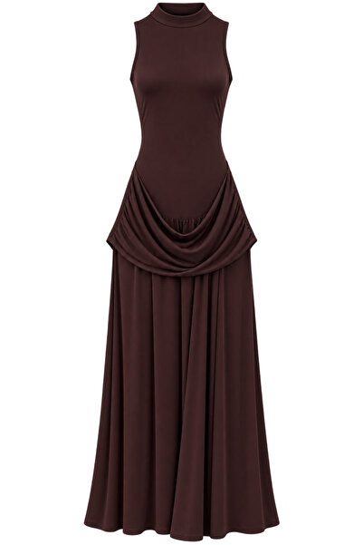 Buket Teke Brown Buzzy Fabric Maxi Dress with Draped Waist Detail