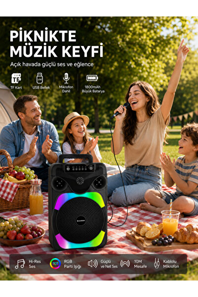 kawigo Hoparlör 8 İnç Bluetooth 5.2 Hoparlör Mikrofonlu RGB Işıklı FM Radyolu Hoparlör Taşınabilir Karaoke Ses Sistemi
