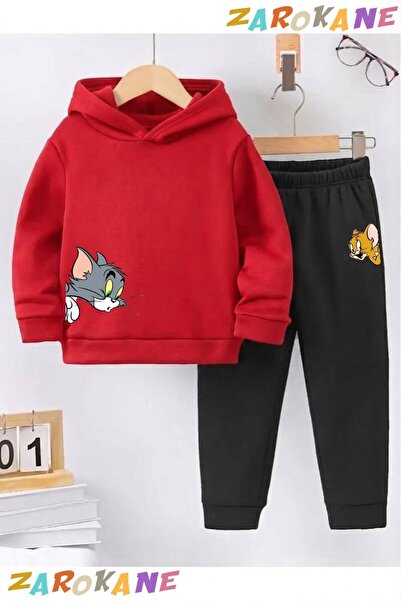 ZAROKANE Cat-Mouse Printed Winter Children's Hooded Cotton Insulated Tracksui...