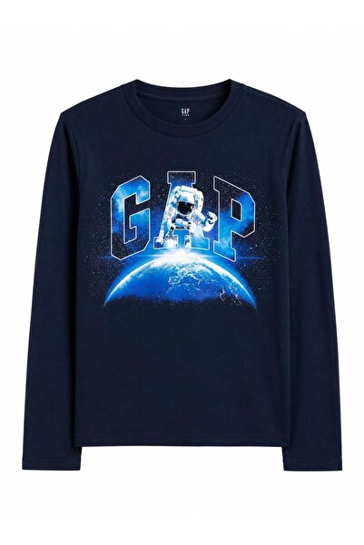 GAP Kids تي شيرت للأولاد من Gap برقبة دائرية وطبعة جالاكسي وأكمام طويلة، مناس...