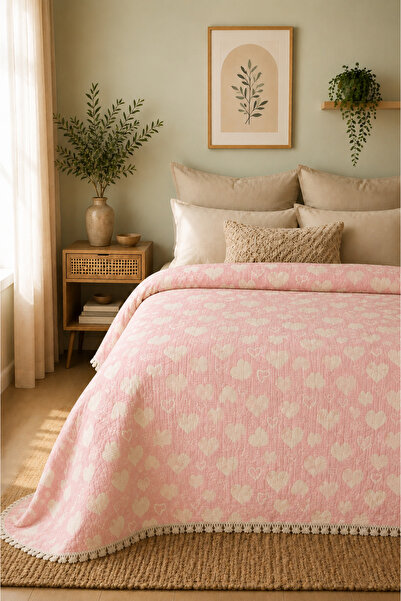 VERONİCA LİNE Hearted Muslin Bedspread 100% Cotton 240X260 - Pique - 7 Layers...