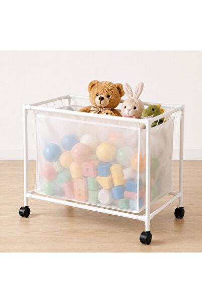 OEM Toy Storage Basket with Wheels, Large Capacity, Portable, White
